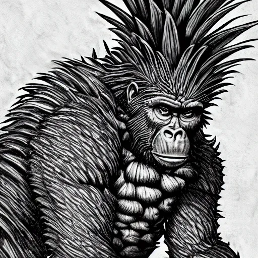 Prompt: a pineapple ape monster, 4 k, 8 k, super detailed, masterpiece, trending on art station, highly detailed, full hd, kentaro miura art style