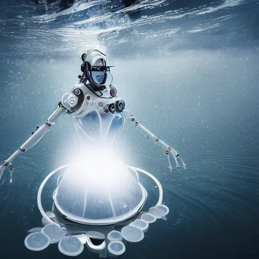 Prompt: beautiful centered fine art photo portrait of hoyeon jung as a solarpunk robotic humanoid treading on water below, white mechanical parts with led lights, ultra - detailed and intricate, white background, sun lighting, soft focus, slow exposure hdr 8 k