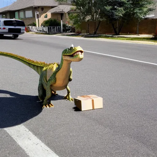 Image similar to Fisheve view of dinosaur stealing packages