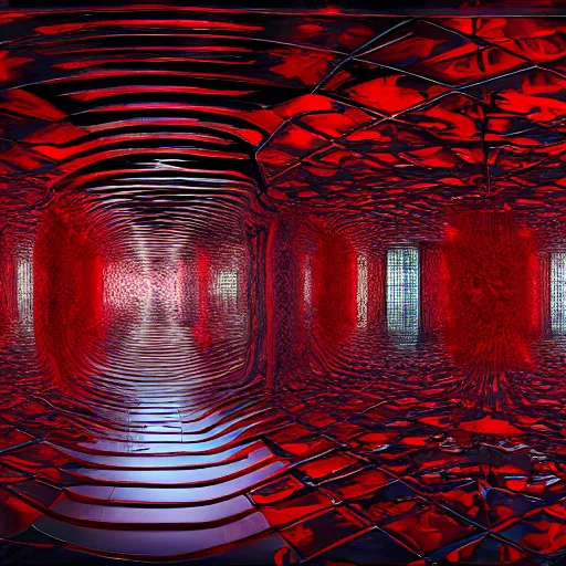 Image similar to dark matter red art house future schizophrenia limbo hipper reflection in the mirror room stratification of consciousness full HD 8K resolution