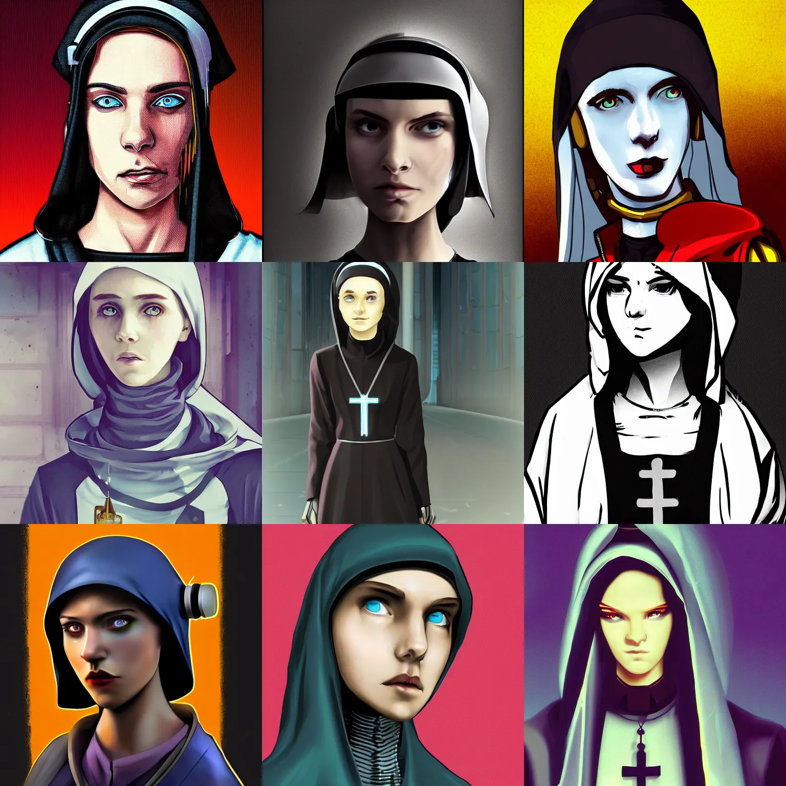 Prompt: a pretty intriguing cyberpunk young nun looking piously at camera, digital art, trending on ArtStation, by Charles M. Schultz