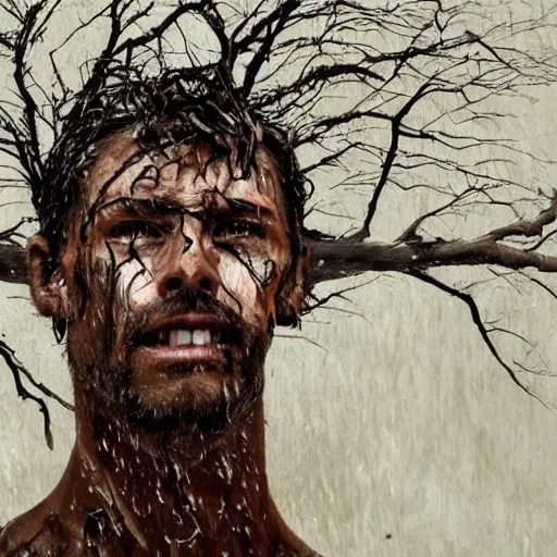 Prompt: The performance art shows a man caught in a storm, buffeted by wind and rain. He clings to a tree for support, but the tree is bent nearly double by the force of the storm. The man's clothing is soaked through and his hair is plastered to his head. His face is contorted with fear and effort. burnt sienna by Adonna Khare, by Syd Mead turbulent