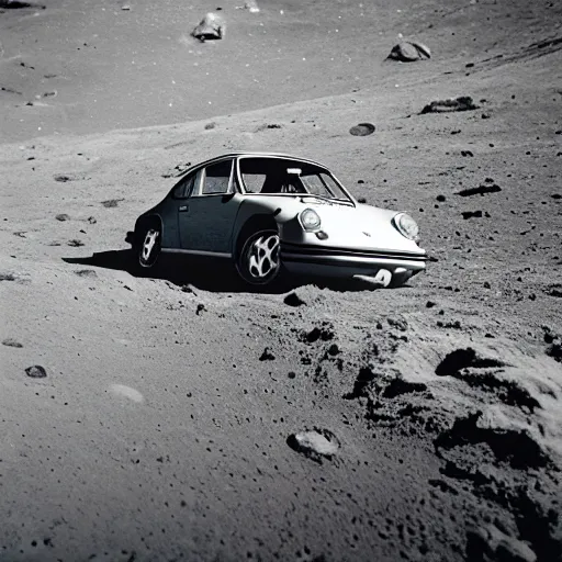 Prompt: vintage photo of a porsche 911 on the moon. apollo moon landing