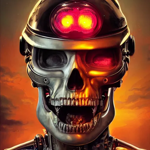 Image similar to a portrait of an cyborg vintage skull no teeth in an orange racing helmet by sandra chevrier, detailed render, epic composition, cybernetics, 4 k realistic, cryengine, realistic shaded lighting, sharp focus, masterpiece, by matteo scalera, gary montalbano, peter elson in the style of the tokyo ghost comic