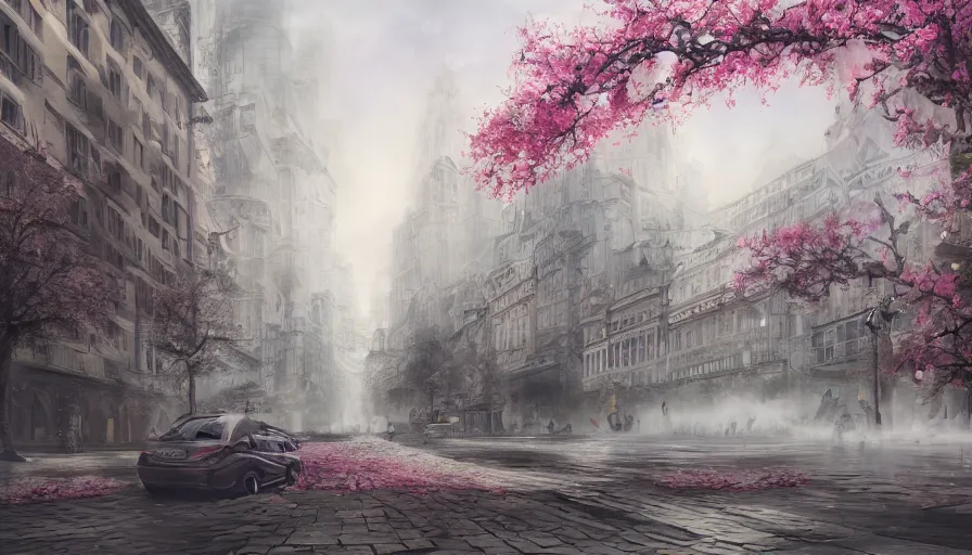 Image similar to magnificent city in late spring, flowers will fade, some fog, realistic style, high details, scene concept. digital art, trending on artstation