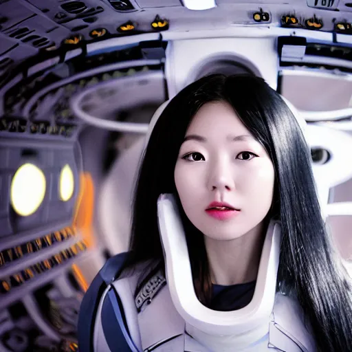 Image similar to a korean woman with long black hair and grey / black futuristic metallic clothing floating in zero - gravity in a spaceship with a white and blue futuristic interior. orange lighting, kodak film grain, expired film