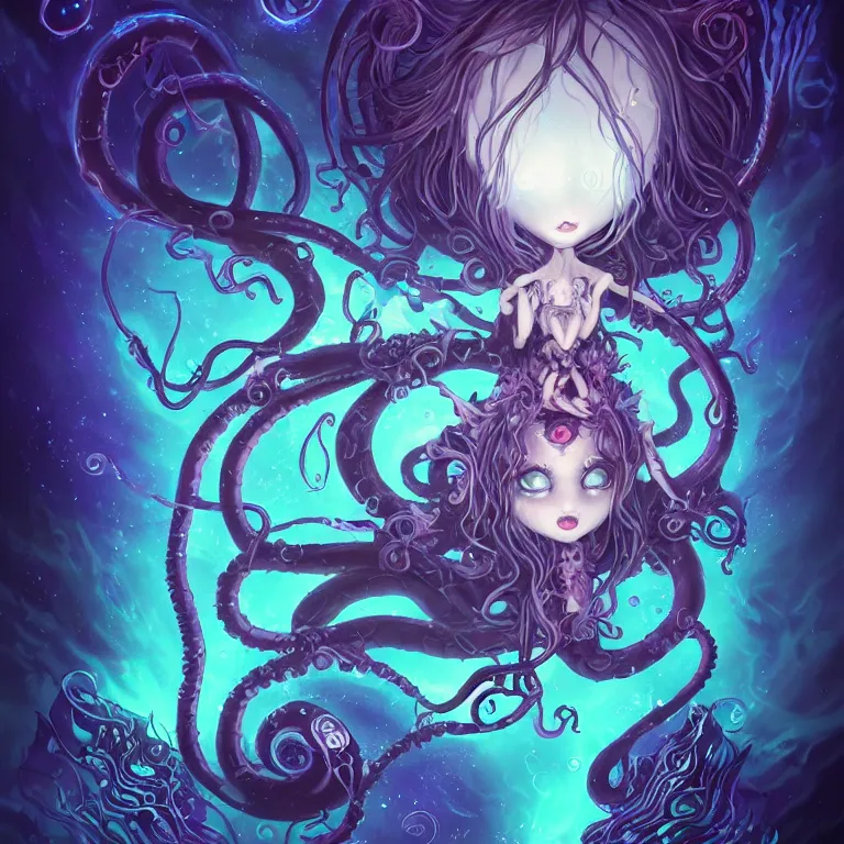 Image similar to A full shot of a dark fairy from the Abyss. Symmetrical. Underwater. Lit from above. Thick Atmosphere. Sailor Moon. Tentacles. Cute. Kawaii. Chibi. Neon glow. Bioluminescence. By Lisa Frank and HR Giger and Ross Tran. Key Art. Fantasy Illustration. award winning, Artstation, intricate details, realistic, Hyperdetailed, 8k resolution. Photoreal. Octane Render.