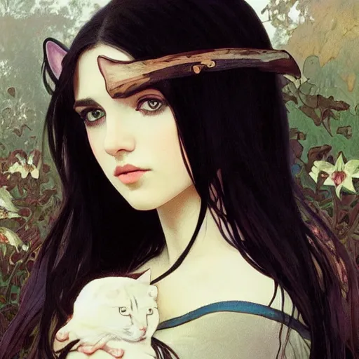 Image similar to emo girl and her cat, with long dark hair, thick eyebrows!!! deep dark big eyes and dark circles!, wide nose!!!, oval face shape, big cheeks! by juan villafuerte, greg rutkowski and alphonse mucha, pexels contest winner, high quality photo, rtx, hd