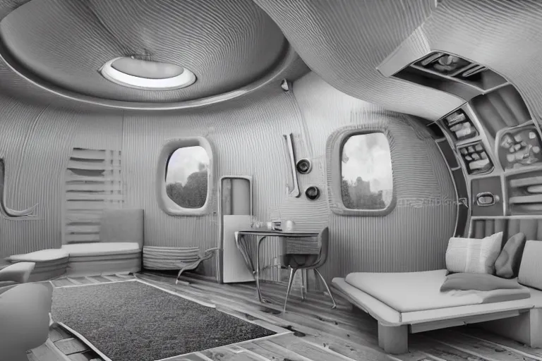 Prompt: small single bedroom quarters inside 1960s rocket ship with gray metallic factory engine walls, details, sharp focus, intricate, high definition, retro, sci-fi, digital Art, 3D, realistic photograph,