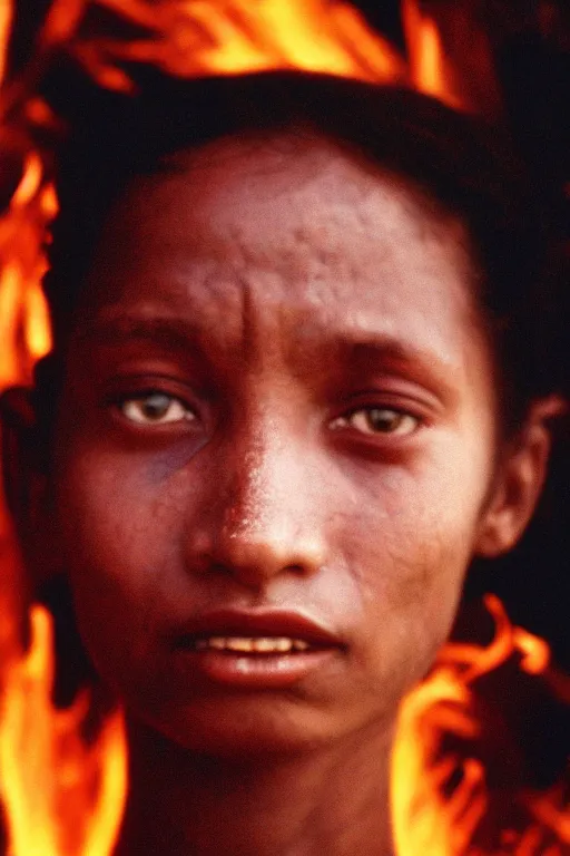 Prompt: close up portrait photography of a woman with bright eyes standing in front of forest fire, 35mm, film photo, steve mccurry