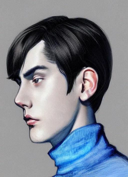 Image similar to portrait of teenage jughead jones wearing a light grey crown, crown, blue turtleneck, 1 9 5 0 s, closed eyes, photorealistic, black hair, glowing lighting, intricate, elegant, glowing lights, highly detailed, digital painting, artstation, concept art, smooth, sharp focus, illustration, art by wlop, mars ravelo and greg rutkowski