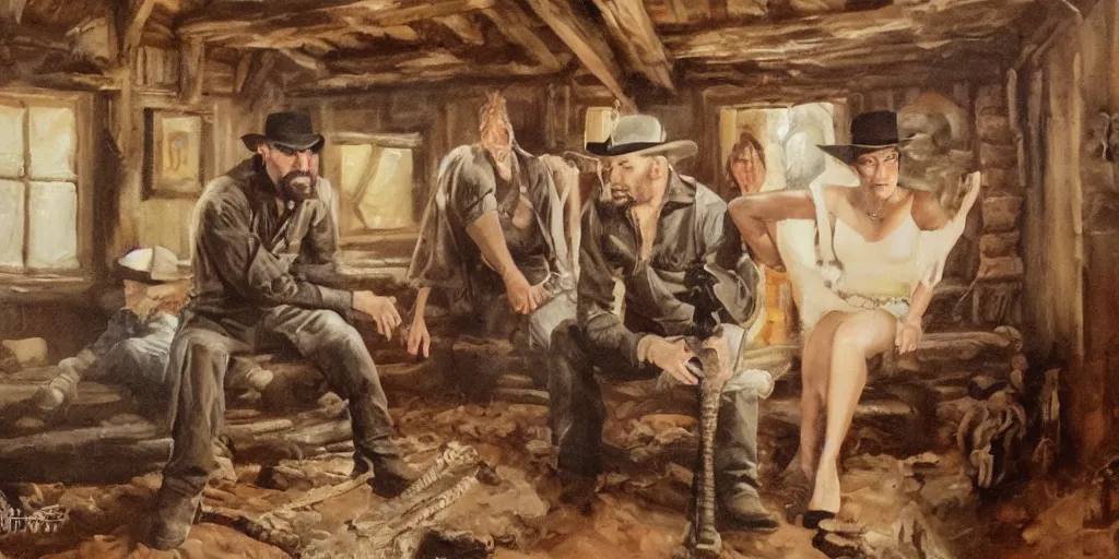 Prompt: oil painting of Mila Jovovich and Dave Bautista in an old west cabin