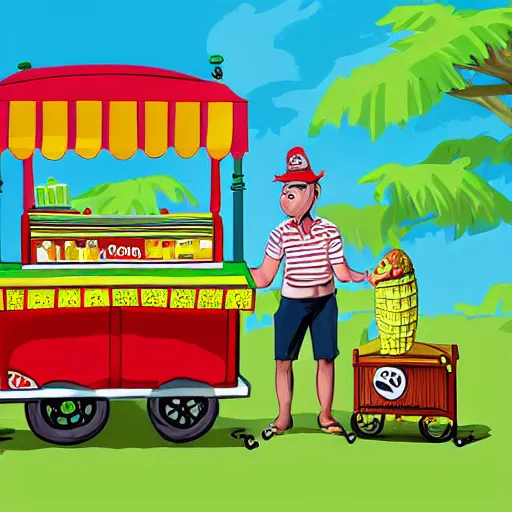 Image similar to crocodile man driving an ice cream cart, fantasy, digital art