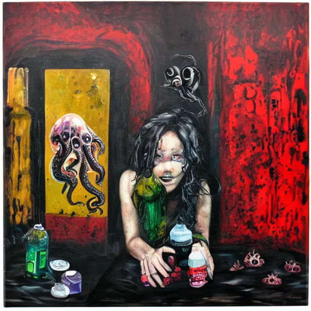 Image similar to a portrait in a dark apartment, city through a window, a female art student holding an octopus, milk puddles, berries, broken bottles, metaphysical, neo - expressionism, surrealism, acrylic and spray paint and oilstick on canvas