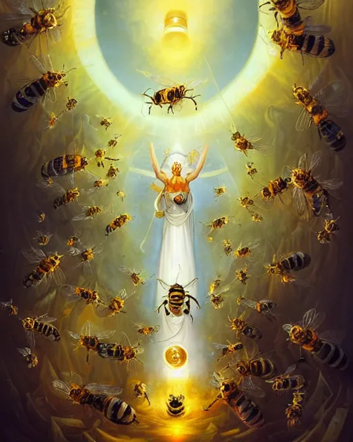 Image similar to the pope surrounded by bees and honeycomb, swirling honey flowers, radiant halo of light, peter mohrbacher, tony sart