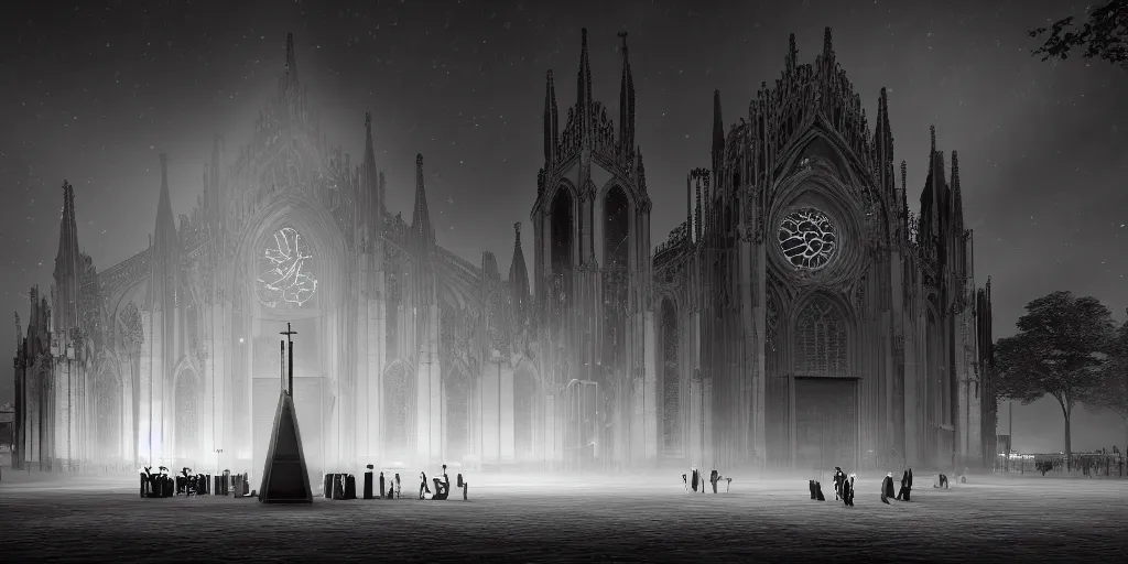 Image similar to a huge delicate metal Sundial in the moonlight, Behind the tall and delicate gothic church at night, with ghosts floating in the foreground, light through the mist, dramatic lighting, photorealistic, cinematic lighting, high detail, cinematic feel, high octane, 4K, Unreal Engine, digital render, intricate, ultra realistic