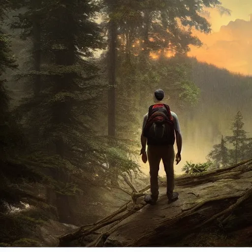 Prompt: explorer detailed man with backpack standing at a forest looking for adventure in the mountains, tall trees, landscape is lush, moody sunset in background, greg rutkowski, alphonse mucha, trending on artstation, artgerm, unreal engine, breathtaking, award winning, highly detailed w 1 0 2 4