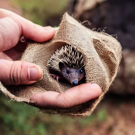 Prompt: hedgehog in a burlap bag being held by human hands, hyper realistic, photography, campfire in background