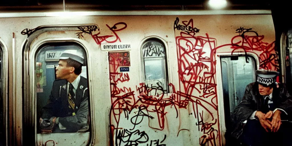 Image similar to new york subway cabin 1 9 8 0 s inside all in graffiti, policeman closeup, coloured film photography, christopher morris photography, bruce davidson photography