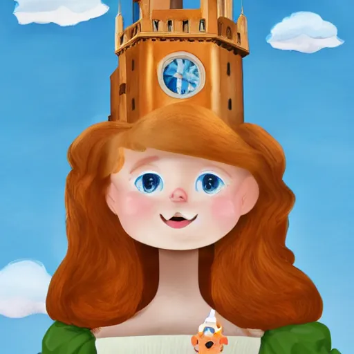 Prompt: a ginger hair princess locked in tower very high up in the sky