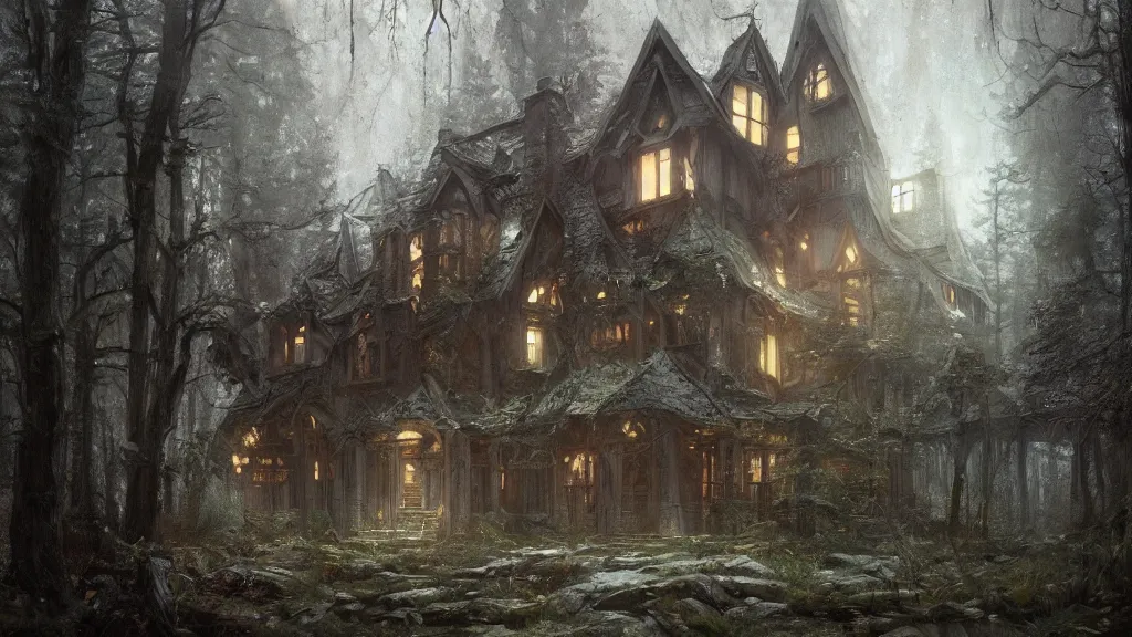 Image similar to a magical house in a forest, high detail, digital art, painted by greg rutkowski, painted by seb mckinnon, trending on artstation