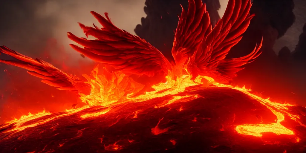 Image similar to a fiery phoenix hatching from an erupting volcano, octane render, epic lighting, hyperrealistic, cinematic, digital painting