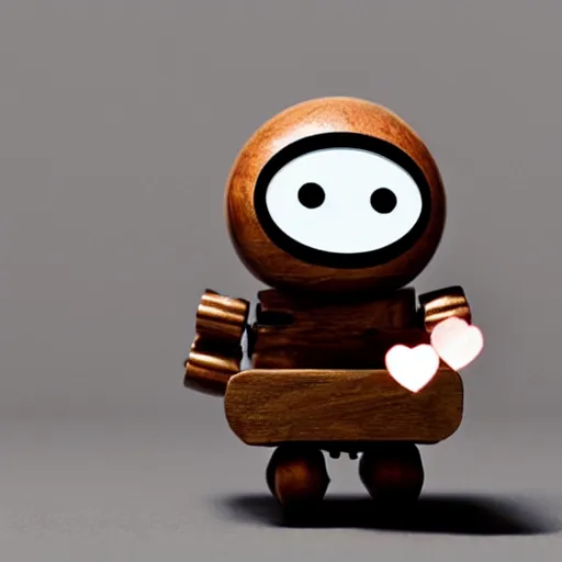 Prompt: an absolutely adorable tiny wooden robot has fallen in love with an acorn, octane, tilt shift, hearts, googly eyes, twee