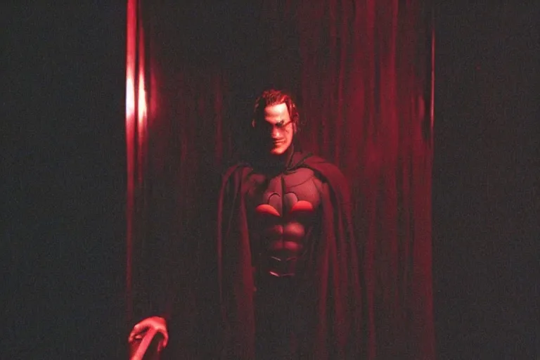 Image similar to heath ledger as batman, cinematic, movie still, dramatic lighting, matrix code,!! by bill henson!!, red color theme, 1 6 : 9 ratio