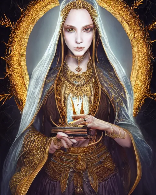 Image similar to highly detailed sharp photorealistic portrait of a beautiful female priestess with shimmering hair, symmetrical face and eyes, dressed in intricate silk and gold,holding sacred scripture, cgsociety, Elden Ring, Dark Souls, Bloodborne