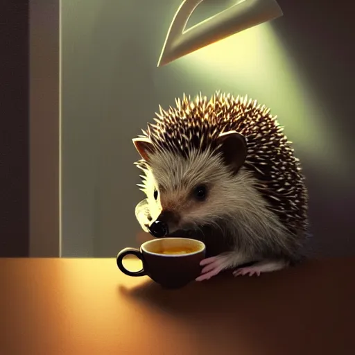 Prompt: photorealistic render of a hedgehog drinking coffee in the morning, by wlop, artgerm, greg rutkowski, alphonse mucha, beautiful dynamic dramatic dark moody lighting, shadows, cinematic atmosphere, artstation, concept design art, octane render, 8 k