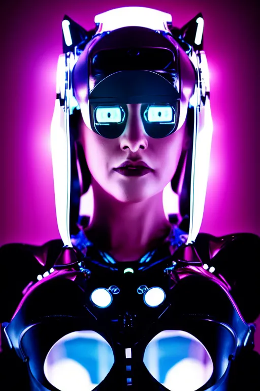 Prompt: cybernetic ultra high tech female robot with cat ears, sci - fi, cyberpunk, high tech, futurism, exoskeleton, symmetry, cinematic, elegant, luxury, perfect light, perfect composition, dlsr photography, sharp focus, 8 k, ultra hd, sense of awe, highly detailed, realistic, intricate, science journal cover