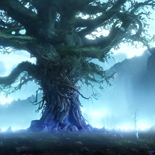 Image similar to landscape of elden ring, giant glowing tree, beautiful, rpg, dnd, video game 4 k