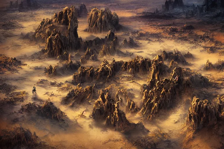 Image similar to high aerial shot, fantasy landscape, sunset lighting ominous shadows, cinematic fantasy painting, dungeons and dragons, barren dry land, desert valley of bones, sand dunes, cracked mud, dry river bed, rock outcroppings, autumn maple bonsai, by jessica rossier and brian froud and hr giger