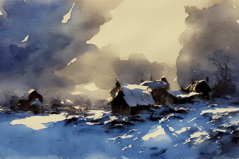 Prompt: small centered on watercolor paper, paint brush strokes, abstract watercolor painting of ancient viking house ruins in snow, daylight, blue sky, cinematic light, national romanticism by hans dahl, by jesper ejsing, by anders zorn, by greg rutkowski, by greg manchess, by tyler edlin