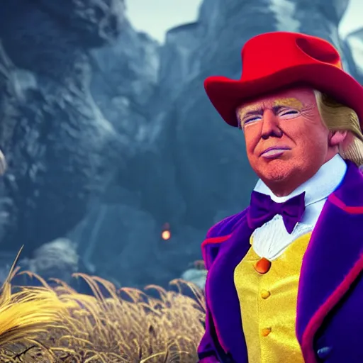 Image similar to portrait of donald trump as willy wonka in skyrim, fantasy, splash art, movie still, detailed face, photorealistic facial features, cinematic lighting, dramatic, octane render, long lens, shallow depth of field, bokeh, anamorphic lens flare, 8 k, hyper detailed, 3 5 mm film grain