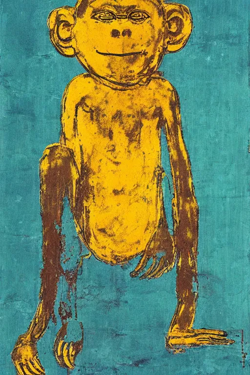 Image similar to meditating monkey in the lotus position painted by cy twombly and andy warhol