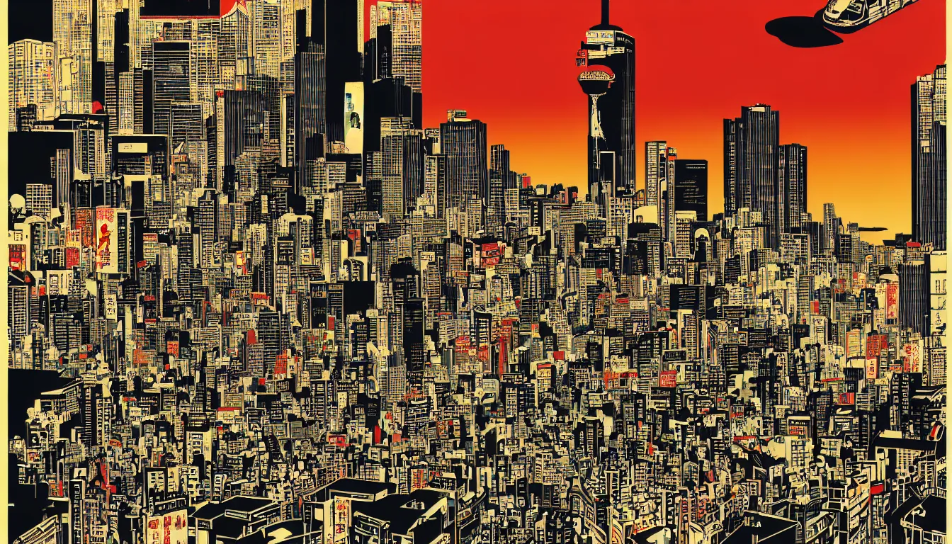 Prompt: tokyo by dan mumford and peter doig and edward hopper, symmetrical, minimal, black ink, thick lines highly detailed, muted colours, overlaid with chinese adverts, 8 k