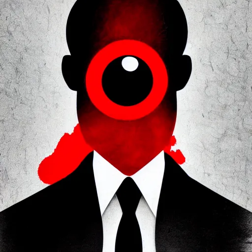 Prompt: abstract black and grey scale, full black suit man with no face and shadows with red eye and darkness and power