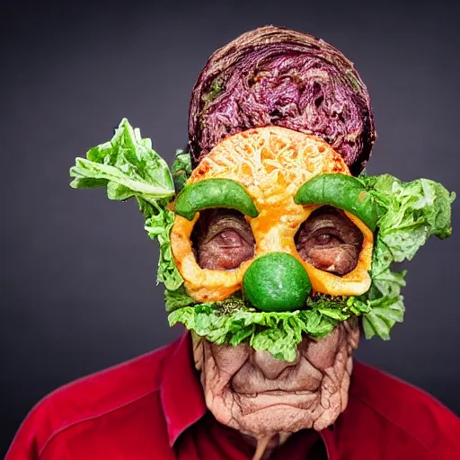 Prompt: an elderly man wearing a mask made from salad, bold natural colors, national geographic photography, masterpiece, 8 k, raw, unedited, symmetrical balance