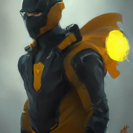 Prompt: portrait of a superhero by greg rutkowski, he looks like joseph quinn, he is wearing a black, orange and yellow kevlar gear with a mask, highly detailed portrait, digital painting, artstation, concept art, smooth, sharp foccus ilustration, artstation hq