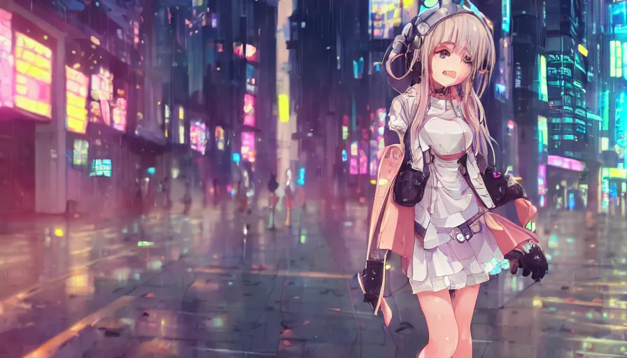 Image similar to cute anime girl in a cyberpunk city by wlop, detailed eyes, heterochromia, bright eyes, closeup, happy expression, laughing, short minidress, light clothing, posing, light rain, hyper real, detailed digital art, idol, photorealistic, trending on art station