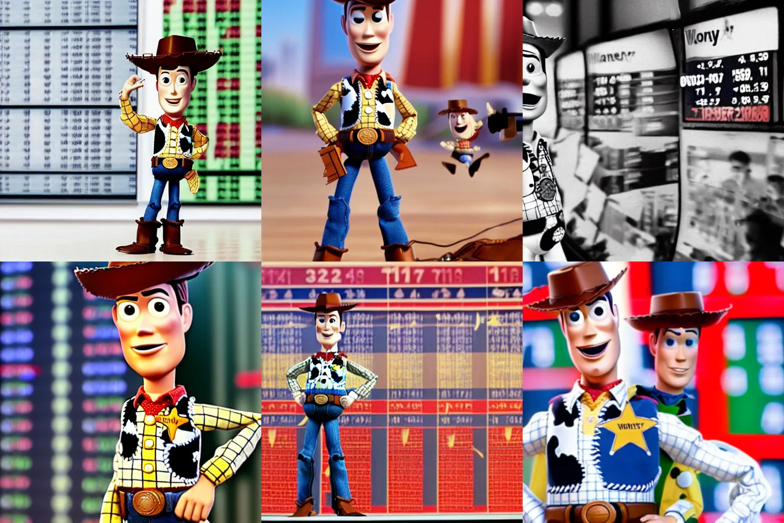 Prompt: Stock market trader Woody from the film Toy Story Wall Street Financial Crisis. Watching the Stock Market crash! on the trading floor, red dow jones graphs behind, financial news