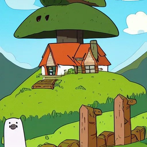 Prompt: hill with house, adventure time cartoon, adventure time style, adventure time by adam muto