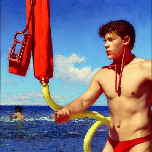 Image similar to “ tom holland as a lifeguard wearing red swimtrunks, whistle hanging from his neck, beach, sunshine painting by gaston bussiere, craig mullins, j. c. leyendecker, tom of finland ”