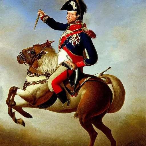 Image similar to french bulldog riding horse in battle like napoleon, painted by saint - bernard