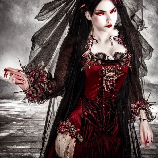 Image similar to beautiful vampire queen with ornate dress, highly detailed, 4k, HDR, smooth, sharp focus, hyper realistic, high resolution, award-winning photo