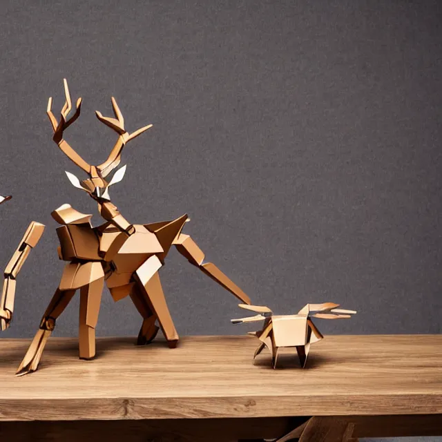 Image similar to a photograph of a deer origami and a humanoid robot mecha origami on top of a wooden table