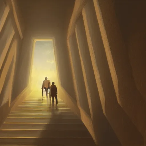 Image similar to a man going into heaven with his wife and children through stairs which is connecting magical world to heaven, realistic, concept art trending on artstation, glowing effect, golden ratio, rule of thirds, illustration, digital painting, hyperreal, hyperdetailed, 8k