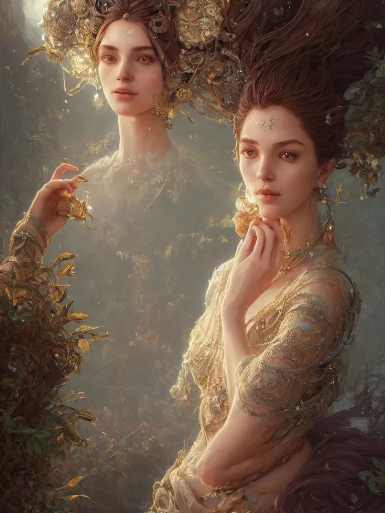 Image similar to highly detailed portrait of beautiful ethereal woman in ornate clothing, stephen bliss, unreal engine, fantasy art by greg rutkowski, loish, rhads, ferdinand knab, makoto shinkai and lois van baarle, ilya kuvshinov, rossdraws, tom bagshaw, global illumination, radiant light, detailed and intricate environment