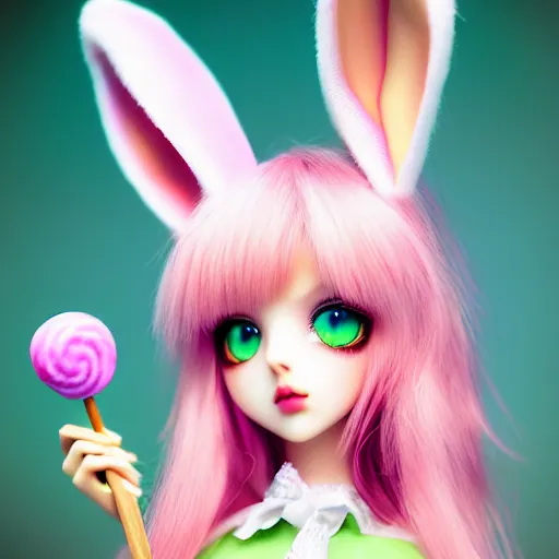 Image similar to ultrarealistic sweet bunny girl, intricate details, green eyes, 8K, long hair, fluffy, pink, lollipop, high octane